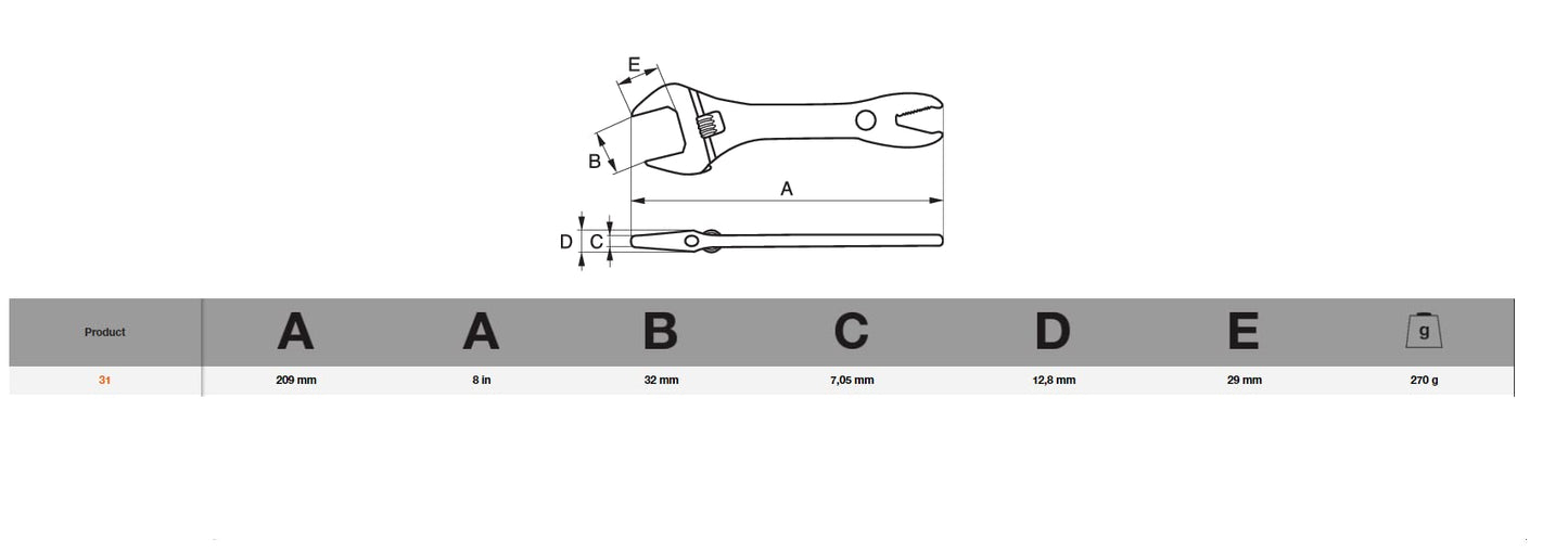 Bahco 31 R US Alligator Adjustable Wrench, 8-inch