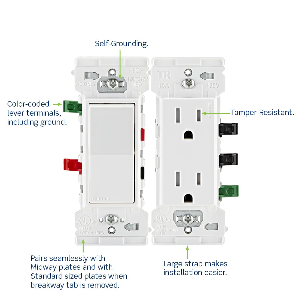 Leviton Lever Edge 15 Amp Tamper-Resistant Duplex Wall Outlet, 10-Pack, E5325-MW, White