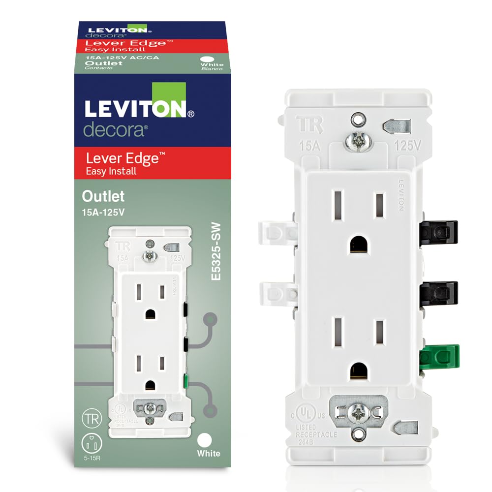 Leviton Lever Edge 15 Amp Tamper-Resistant Duplex Wall Outlet, 10-Pack, E5325-MW, White