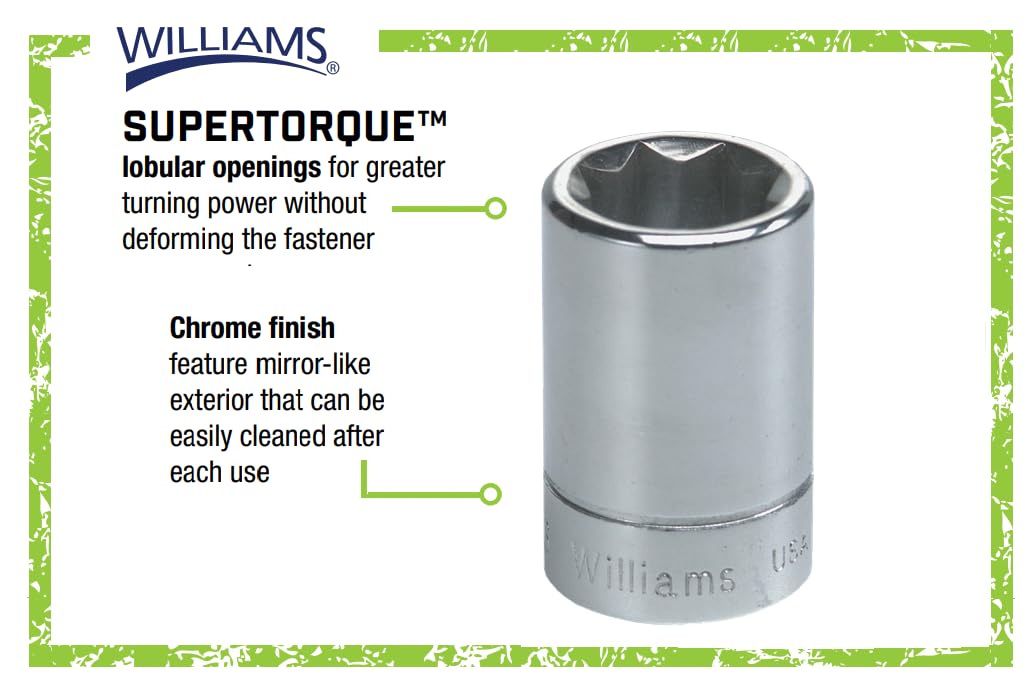 Williams JHWWSBD-7RC SuperTorque 7-Piece 3/8-Inch Drive 8 Point Socket Set Lobular Openings Chamfered Ends High Polish Chrome Finish