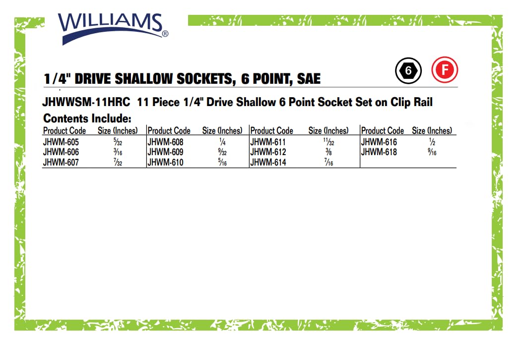 Williams JHWM-604 1/4-Inch Drive Shallow SAE Socket, 6 Point, 1/8-Inch Size, High-Polished Chrome Finish, Designed For Use On 6 Point Fasteners