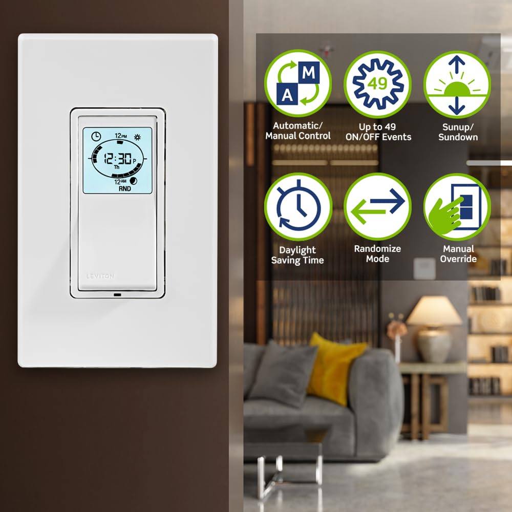 Leviton Decora Programmable and Astronomical Timer Switch for Lights and Motor Loads, Neutral Wire Required, Single Pole or 3-Way, VPT24-1PZ, White with Ivory and Light Almond Faceplates