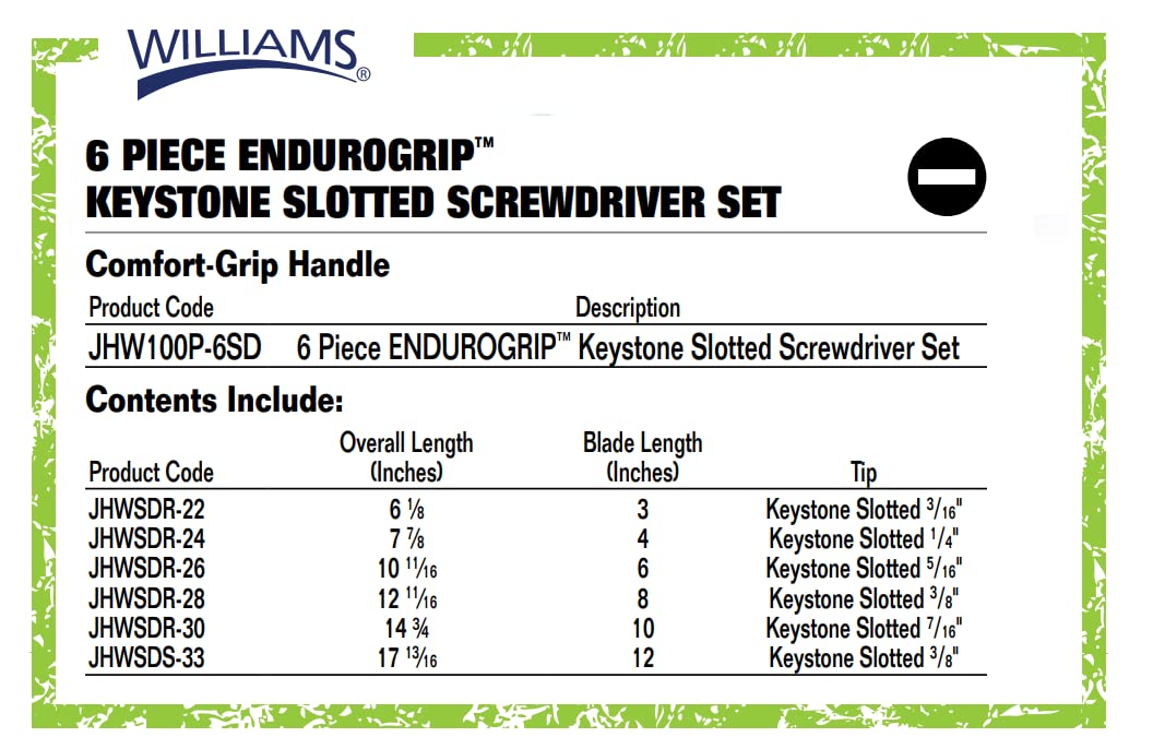 Williams 8-Piece Endurogrip Multi-Size Screwdriver Set, Keystone Slots Hex Bolster & Phillips, Comfort Grip Prevents Slippage, Extra Strength Steel Chrome Blades