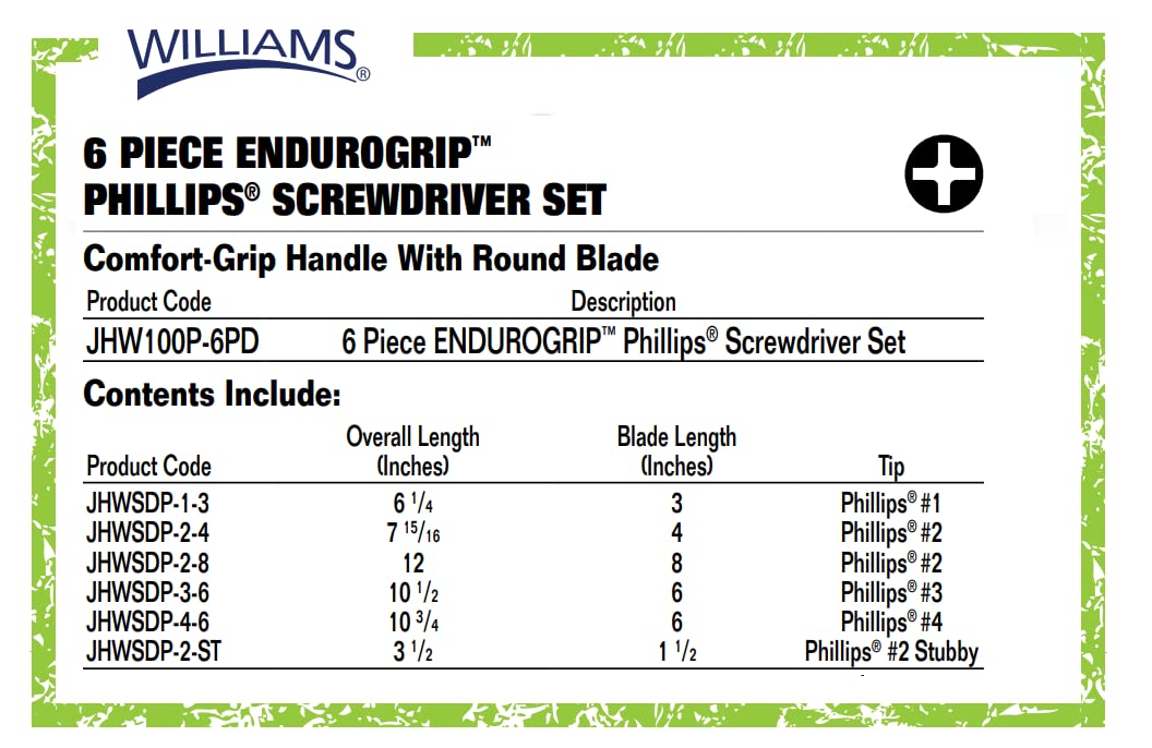 Williams 8-Piece Endurogrip Multi-Size Screwdriver Set, Keystone Slots Hex Bolster & Phillips, Comfort Grip Prevents Slippage, Extra Strength Steel Chrome Blades
