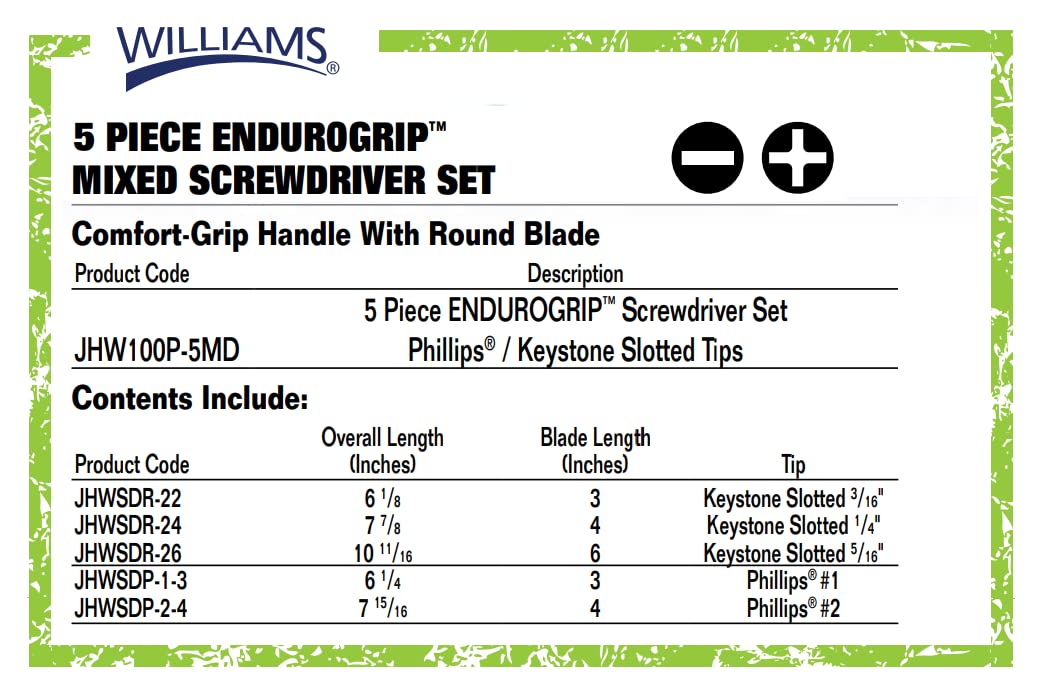 Williams 8-Piece Endurogrip Multi-Size Screwdriver Set, Keystone Slots Hex Bolster & Phillips, Comfort Grip Prevents Slippage, Extra Strength Steel Chrome Blades