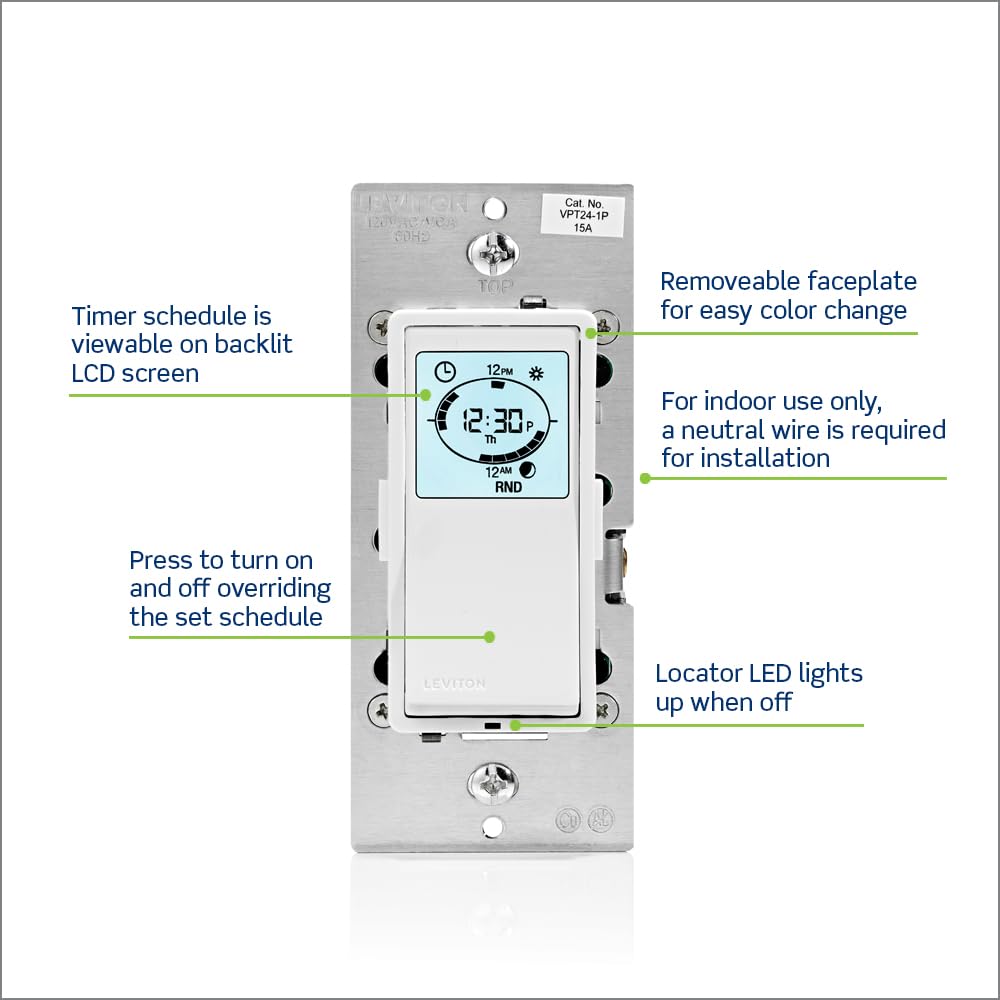 Leviton Decora Programmable and Astronomical Timer Switch for Lights and Motor Loads, Neutral Wire Required, Single Pole or 3-Way, VPT24-1PZ, White with Ivory and Light Almond Faceplates