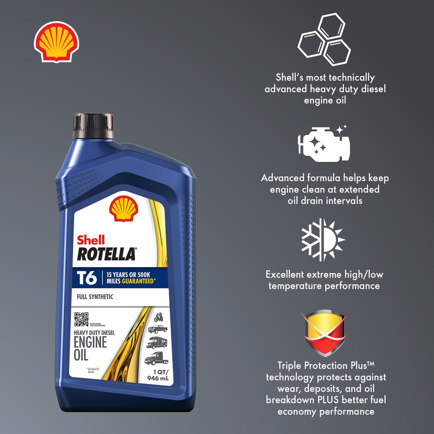 Shell Rotella T6 Full Synthetic 15W-40 Motor Oil, 1 Gallon (3 Pack)