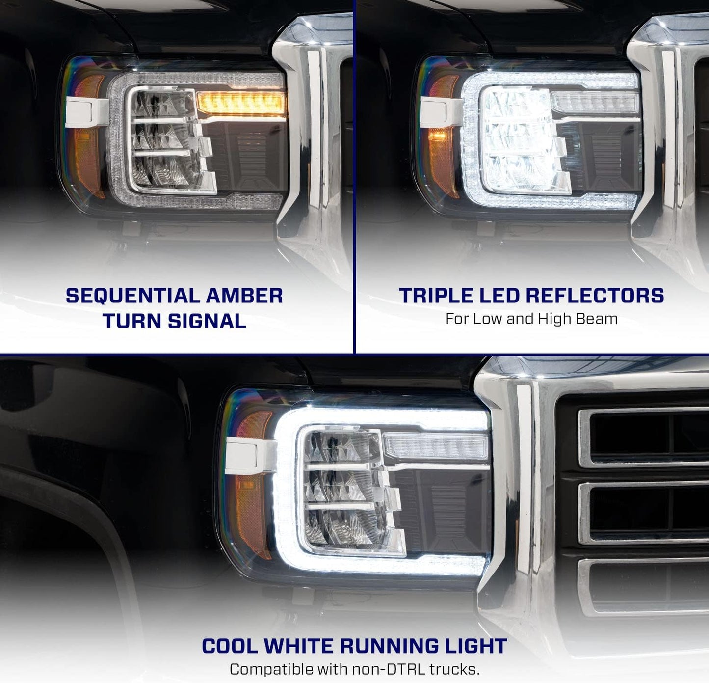 Sequential LED Reflector Headlights compatible with GMC Sierra 1500/2500/3500 2014-2018 (pair)