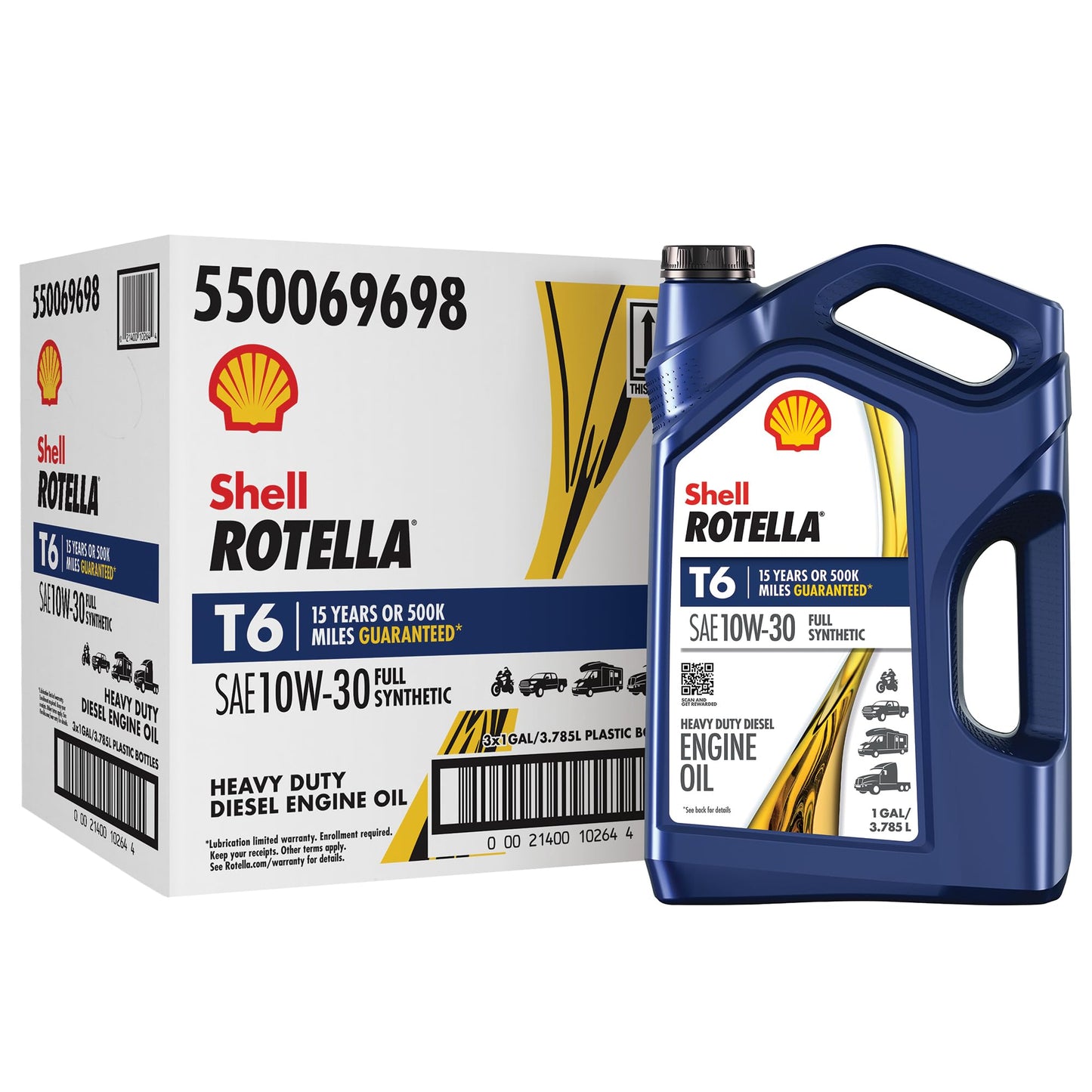 Shell Rotella T6 Full Synthetic 15W-40 Motor Oil, 1 Gallon (3 Pack)