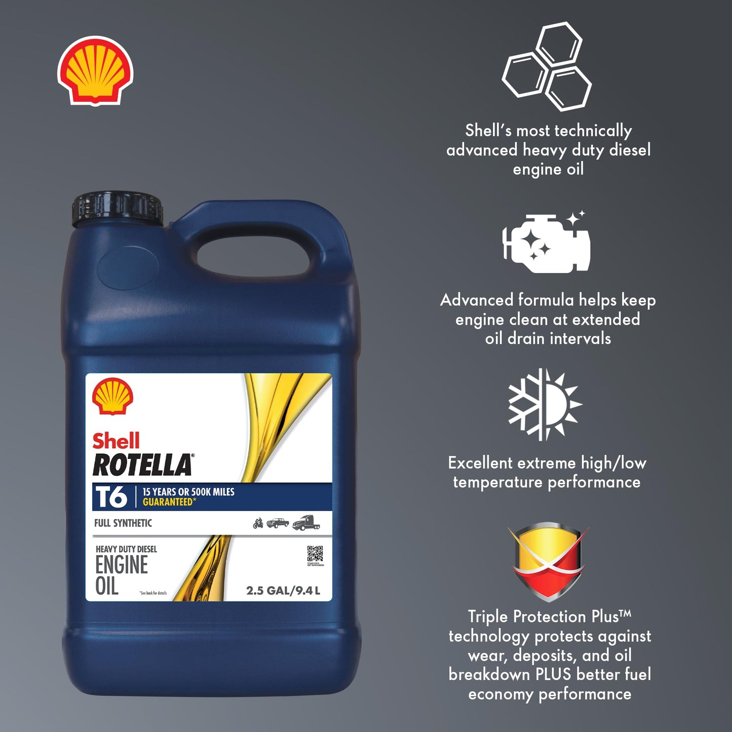 Shell Rotella T6 Full Synthetic 15W-40 Motor Oil, 1 Gallon (3 Pack)