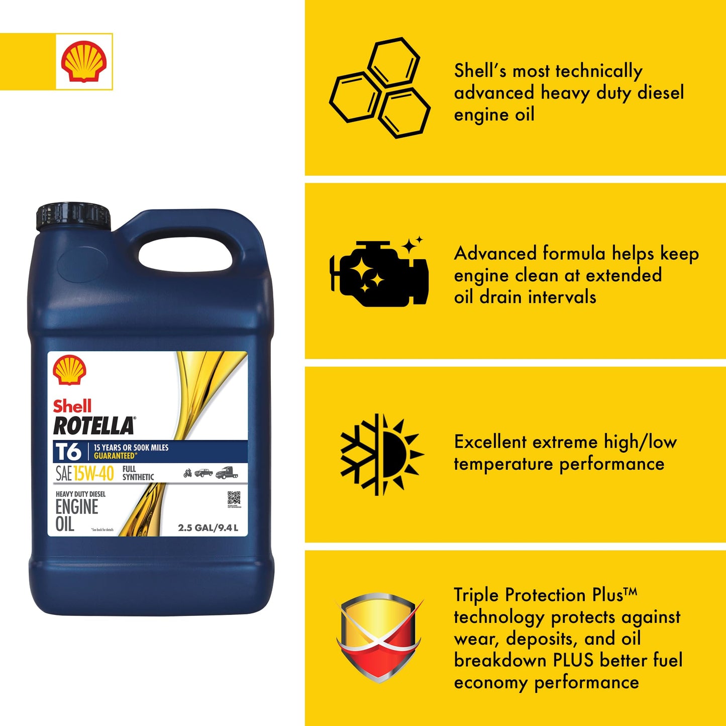 Shell Rotella T6 Full Synthetic 15W-40 Motor Oil, 1 Gallon (3 Pack)