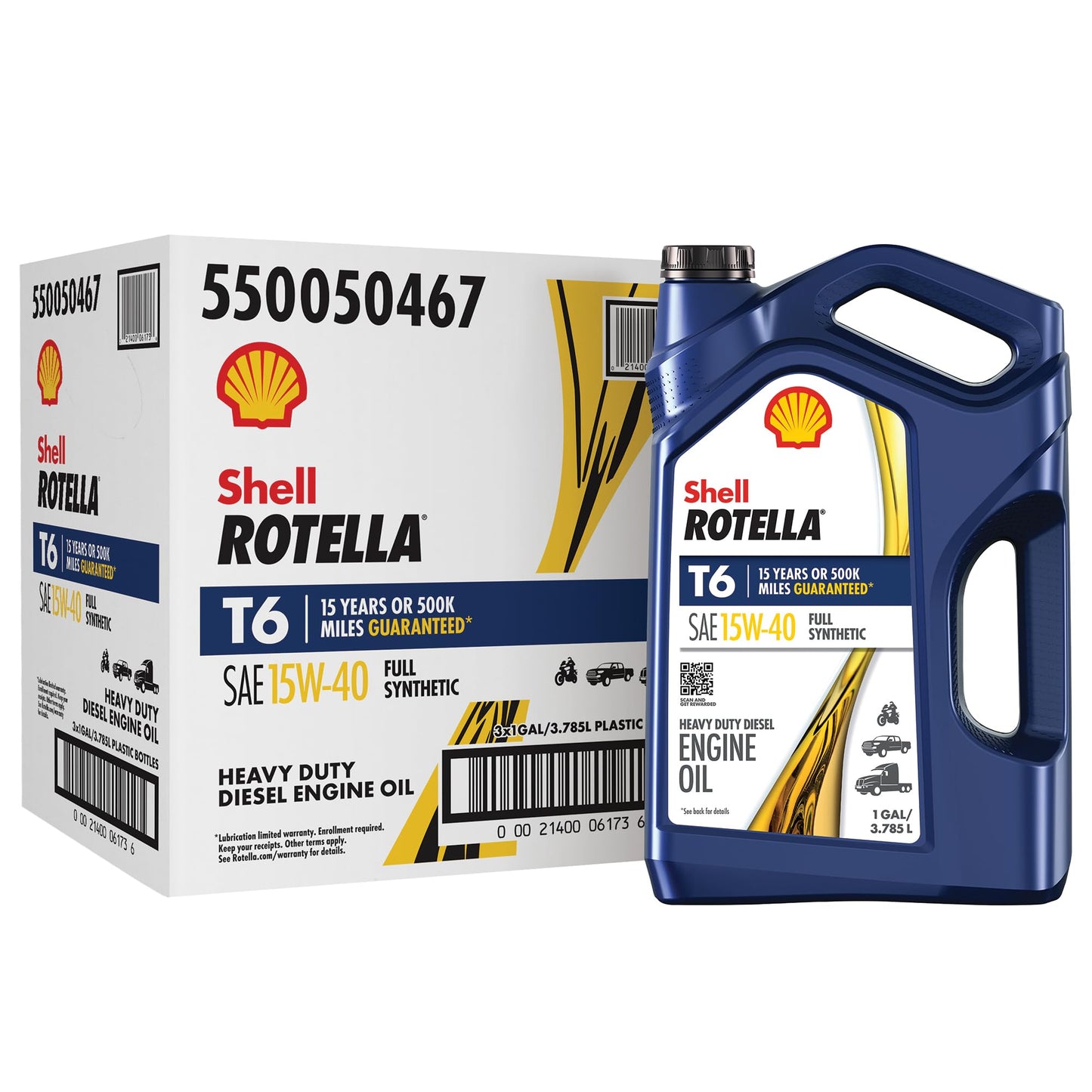Shell Rotella T6 Full Synthetic 15W-40 Motor Oil, 1 Gallon (3 Pack)