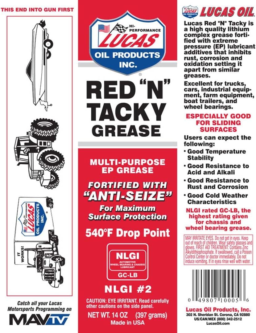 Lucas Oil 10005 Red N Tacky Grease - 14 Ounce Cartridge