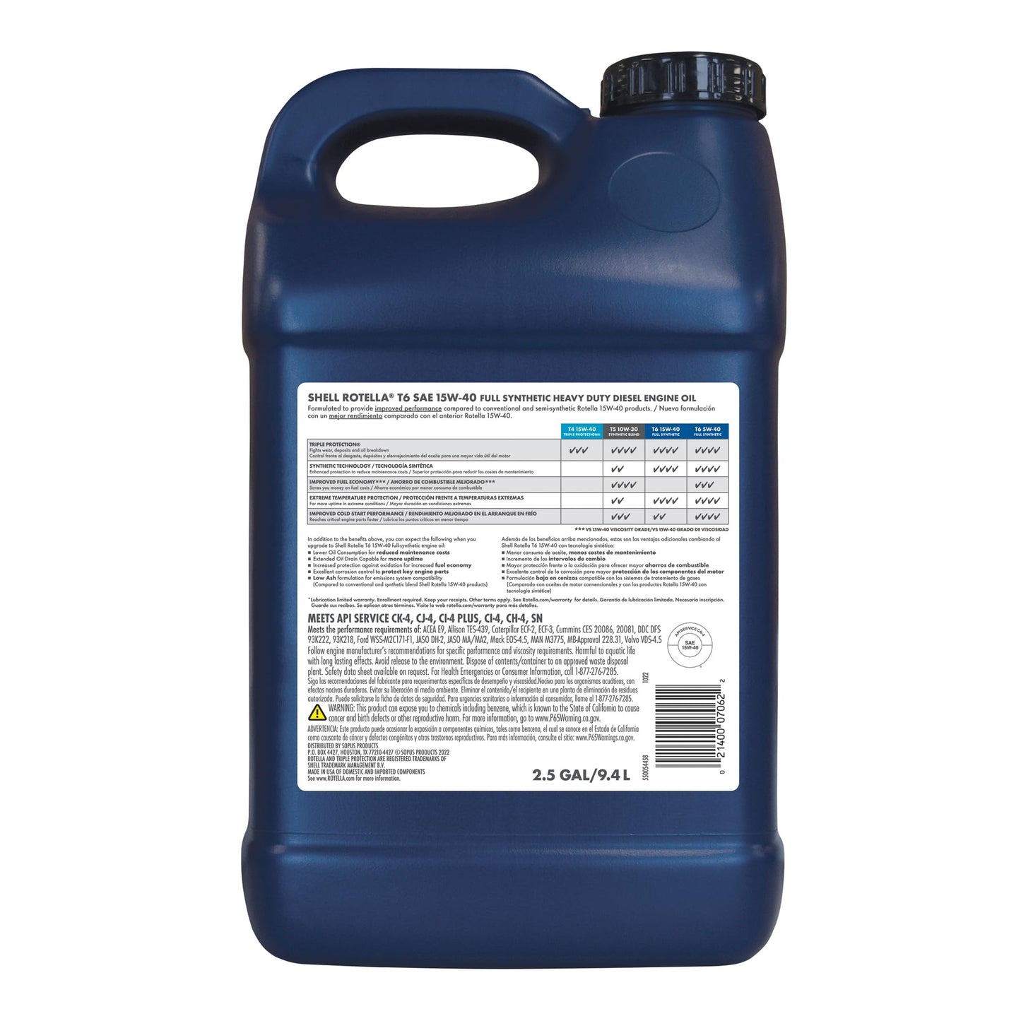 Shell Rotella T6 Full Synthetic 15W-40 Motor Oil, 1 Gallon (3 Pack)