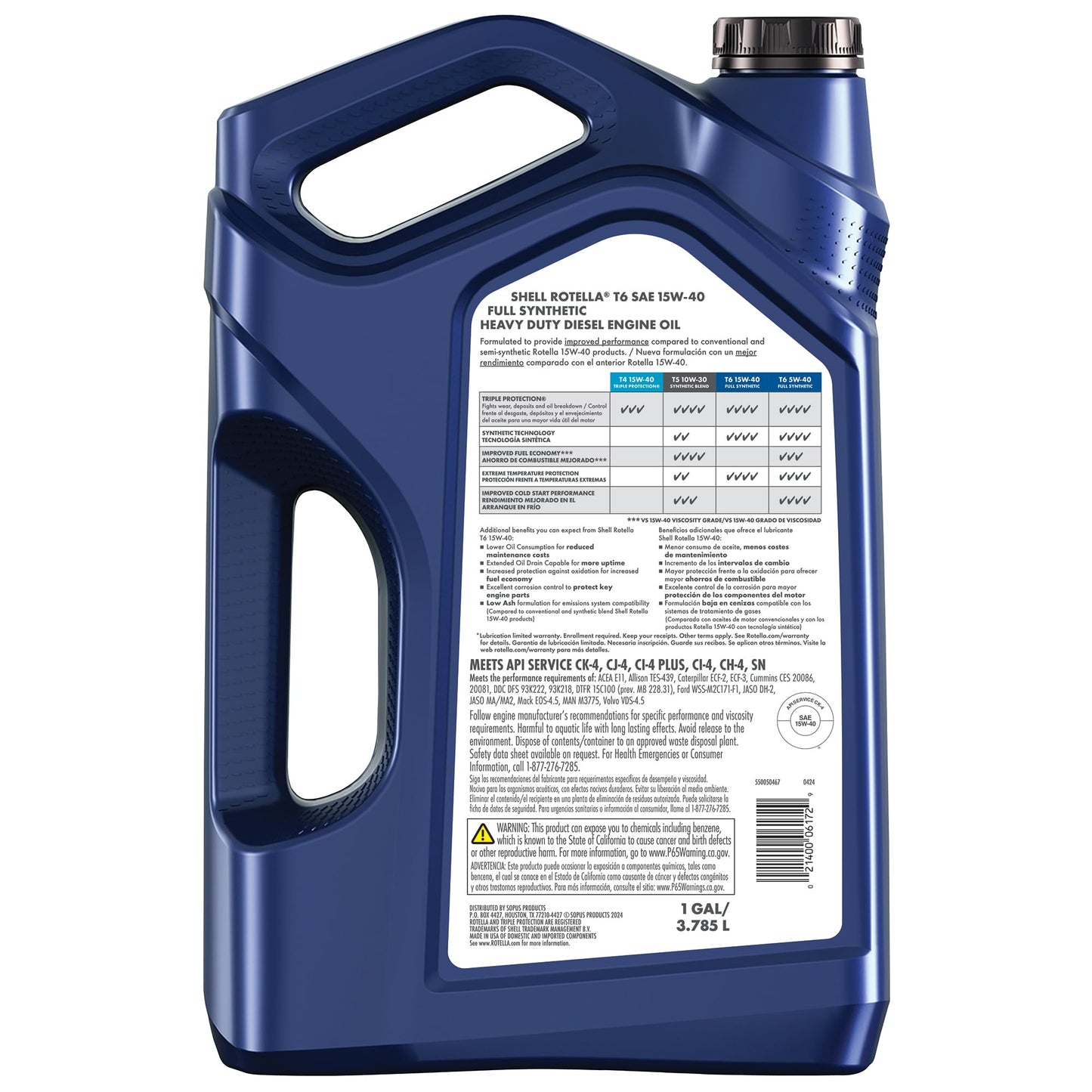 Shell Rotella T6 Full Synthetic 15W-40 Motor Oil, 1 Gallon (3 Pack)