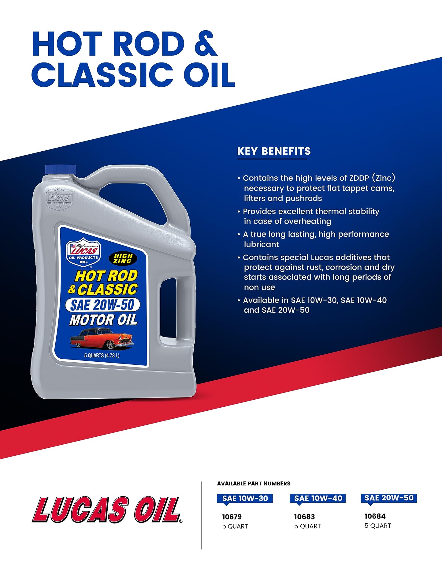 Lucas Oil 10679 Hot Rod & Classic Car SAE 10W-30 Motor Oil - 5 Quart