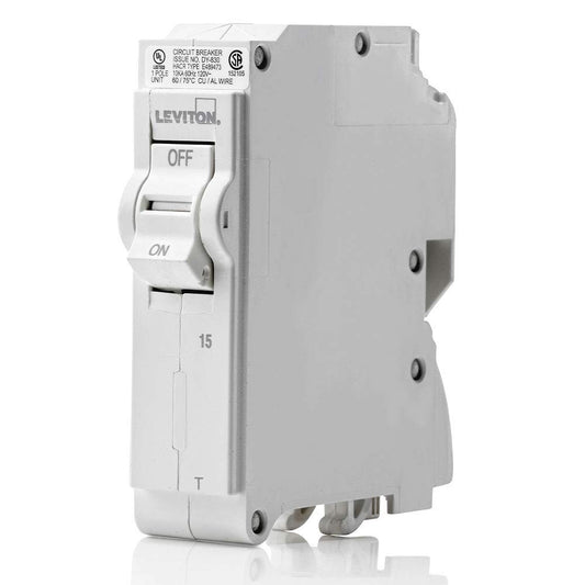 Leviton 15A 1-Pole Plug-On Standard Branch Circuit Breaker, Thermal Magnetic, 120 VAC, LB115-T, White