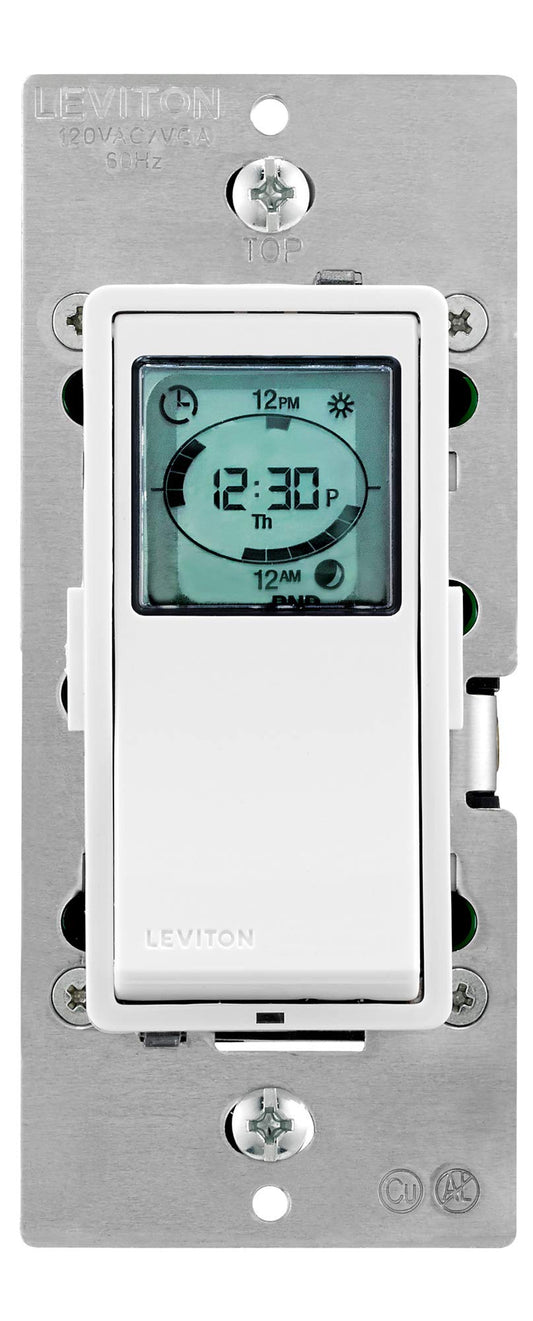 Leviton Decora Programmable and Astronomical Timer Switch for Lights and Motor Loads, Neutral Wire Required, Single Pole or 3-Way, VPT24-1PZ, White with Ivory and Light Almond Faceplates